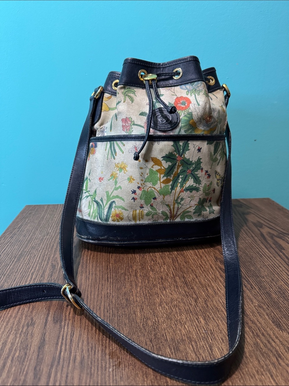 Vintage Gucci Floral Canvas Drawstring Bucket Bag